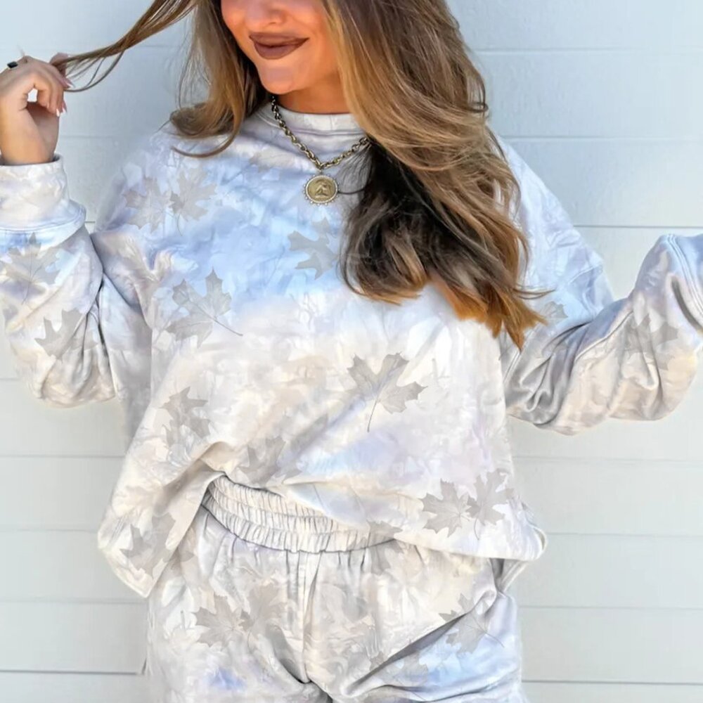 B342 Maple Camo Print Pullover Top and Elastic Waist Casual Short Set - Picture 6 of 8